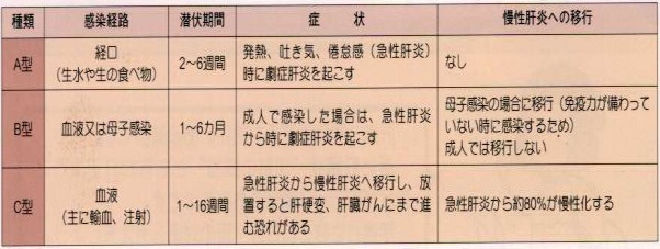 ウイルス性肝炎の型と感染経路、自覚症状